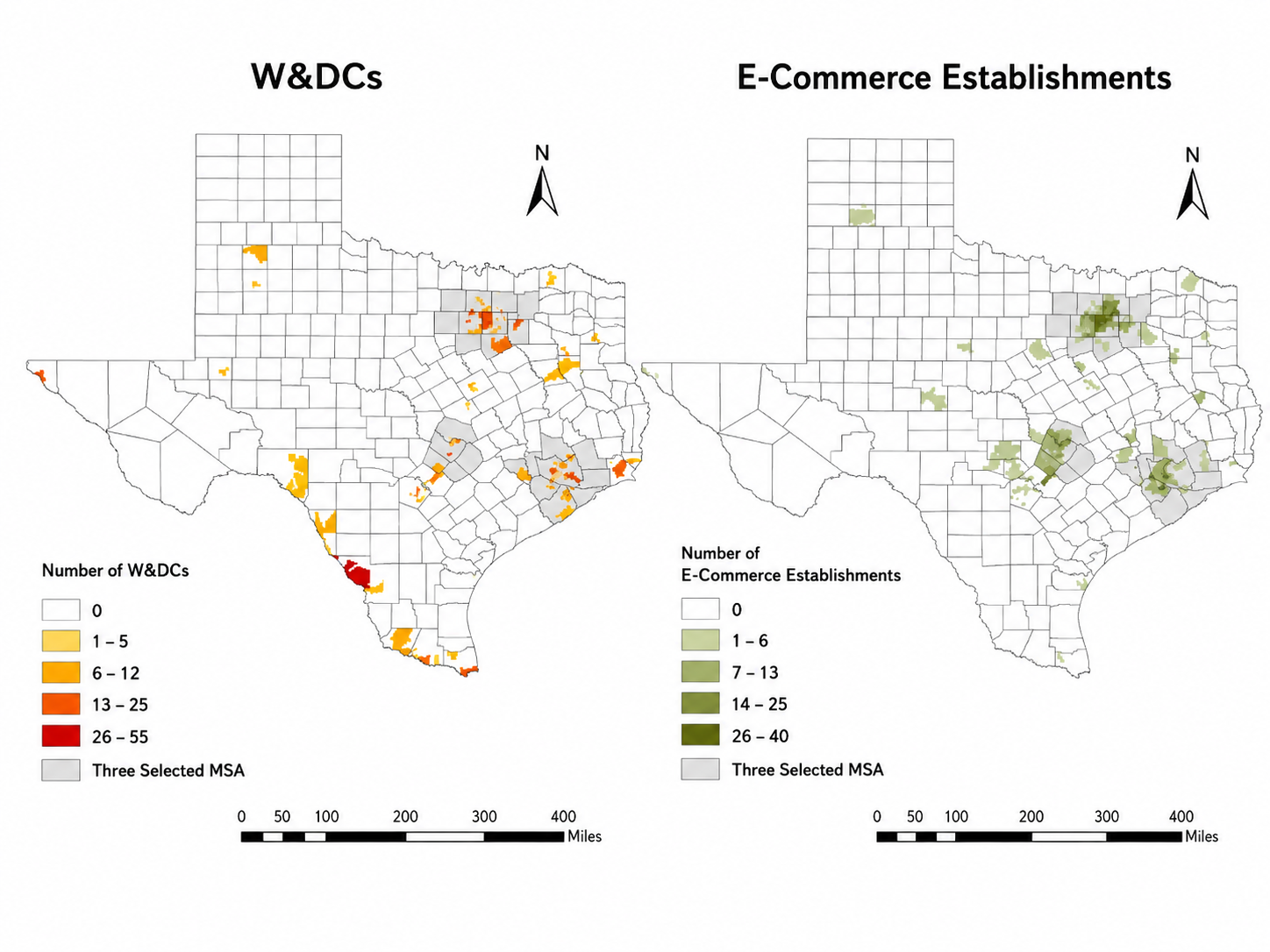 Spatial distribution of warehouses and distribution centers and e-commerce establishments across Texas.
